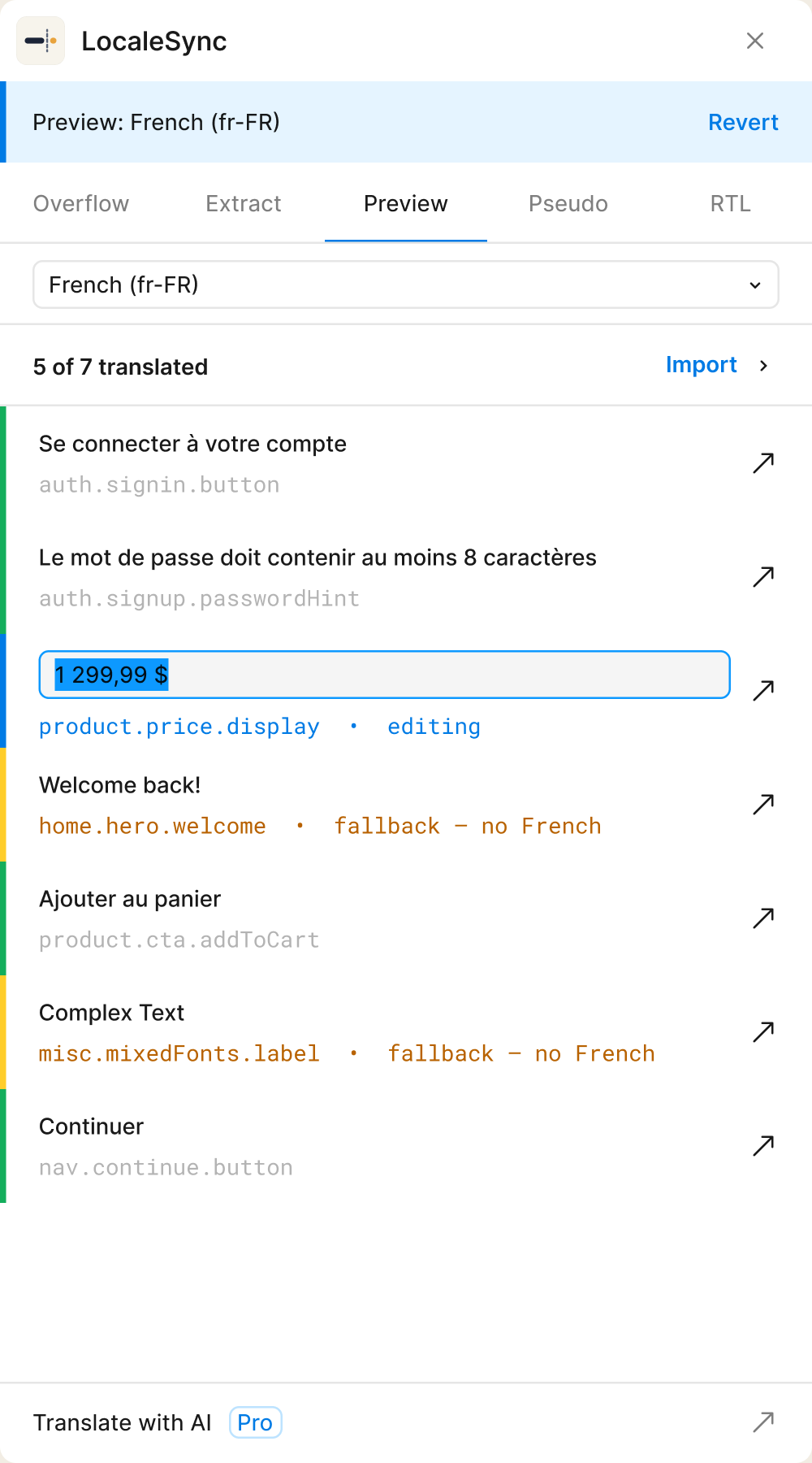 LocaleSync locale preview controls for applying translations to the Figma canvas.