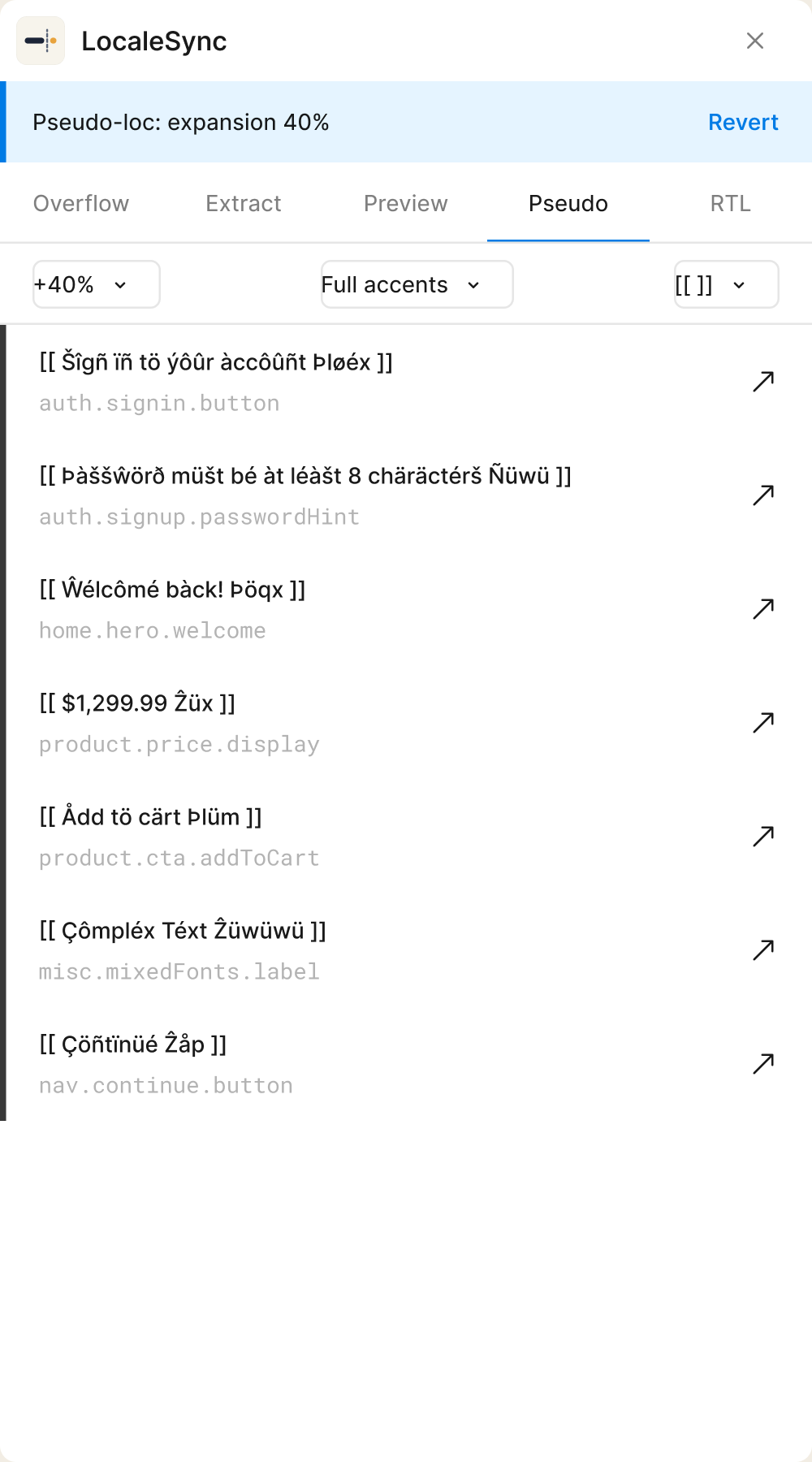 LocaleSync pseudo-localization settings with text expansion and accented strings.